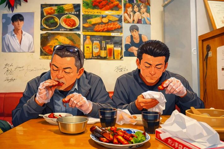 手袋を着けてケジャンにかぶりつく様子