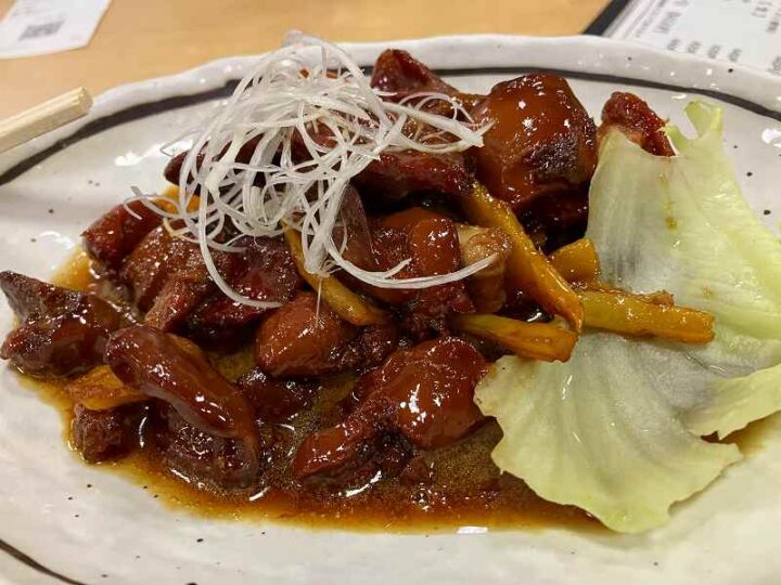 甘辛タレが絡む甲州鶏もつ煮のアップ