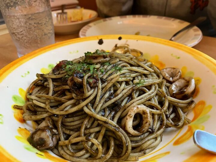イカ墨ソースが絡んだ黒いパスタとイカの具材