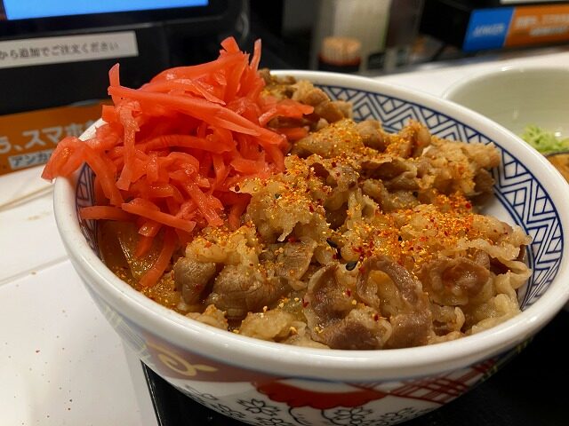 牛肉と玉ねぎがたっぷり乗った牛丼