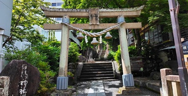 日枝神社の緑豊かな木々に囲まれた趣ある石造りの鳥居