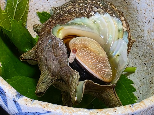 熱々の状態で提供されるサザエのつぼ焼き