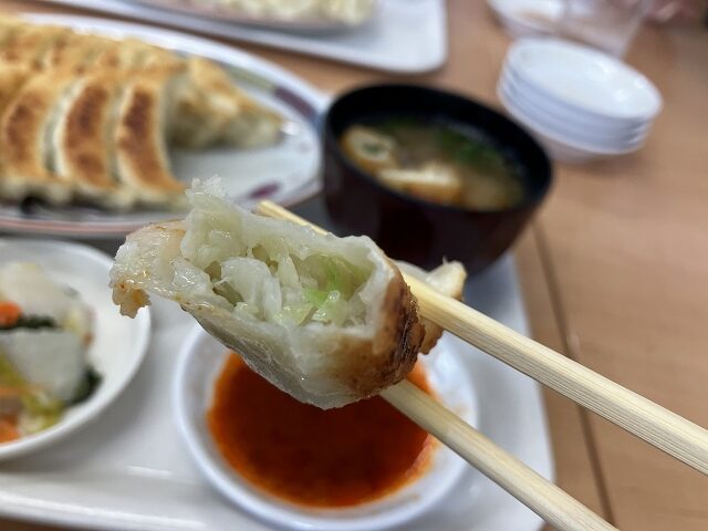 ざく切りキャベツがたっぷり入った福みつ餃子の断面