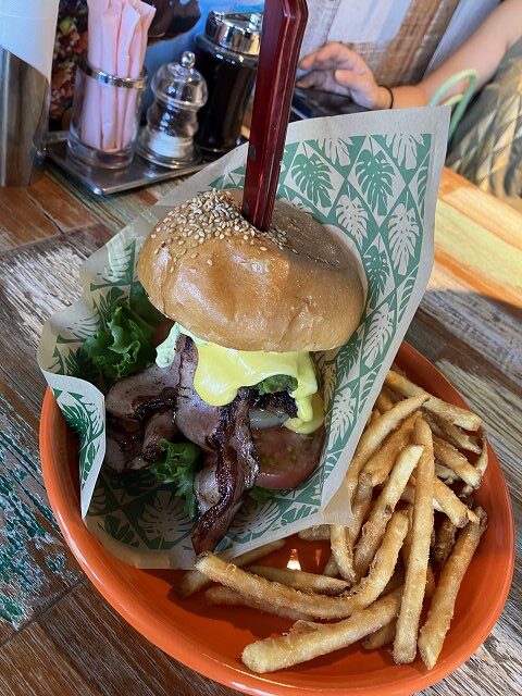 ベーコンアボカドチーズバーガーとフライドポテト