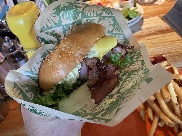 ハンバーガーを手に持った様子