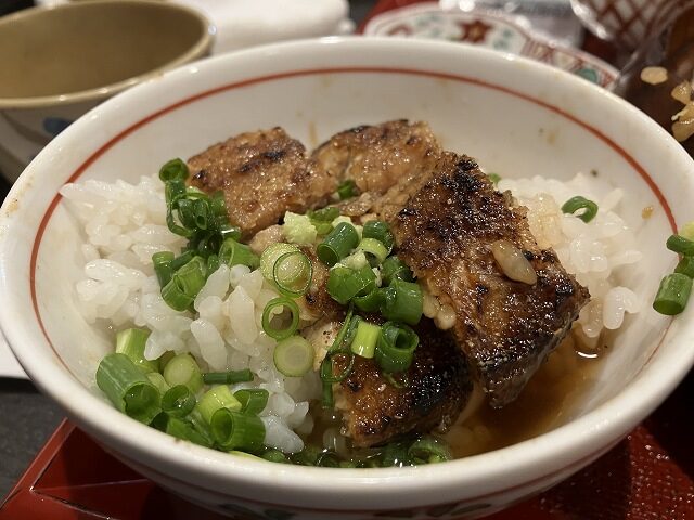 薬味とだしをかけた櫃まぶし