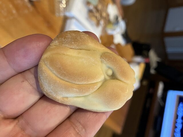 手のひらにのせたハシビロコウの形の饅頭