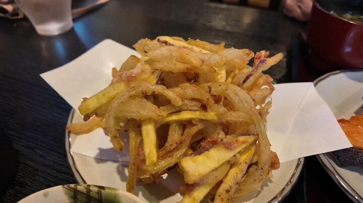 カラッと揚がった山盛りの野菜のかき揚げ